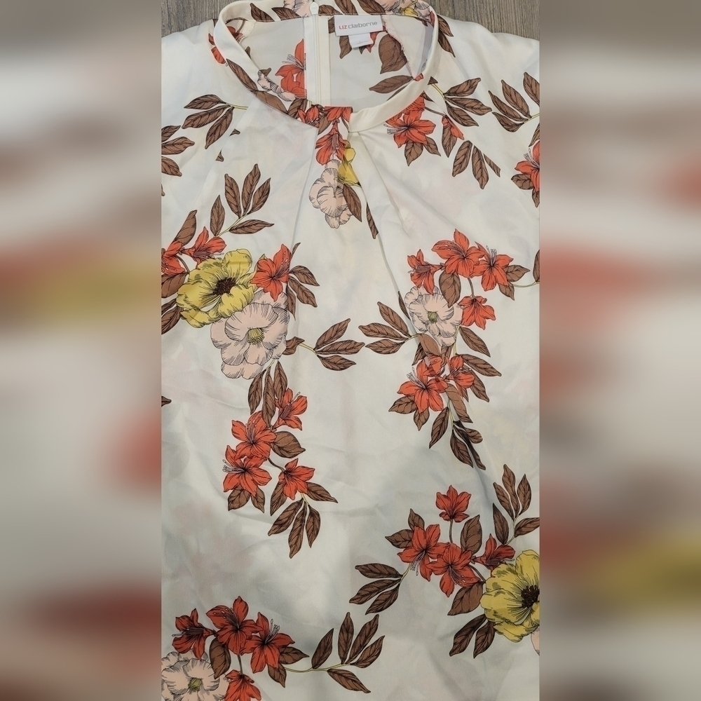 Liz Claiborne Women's Blouse, Size L, White/Orange/Yellow Floral - Picture 3 of 6